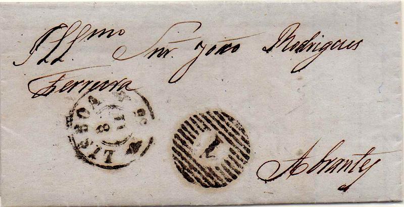 2452 f.jpg -     Lote:    2452 (frente)      Lotes pelo Correio              Descrição:         1856/58 &mdash; D. Pedro V. Cabelos anelados. Linhas duplas. CE12, 25 reis em carta circulada de Lisboa (08.11.56) para Abrantes.        Carta       Valor Base:     &euro; 8,00     Valor Venda:     &euro;      